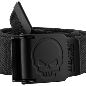 CEINTURE NOIRE BOUCLE TETE DE MORT 4CM X 130CM