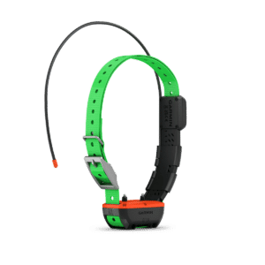 alt="Collier GPS Garmin Alpha TT 25F avec sangle verte et boîtier orange"