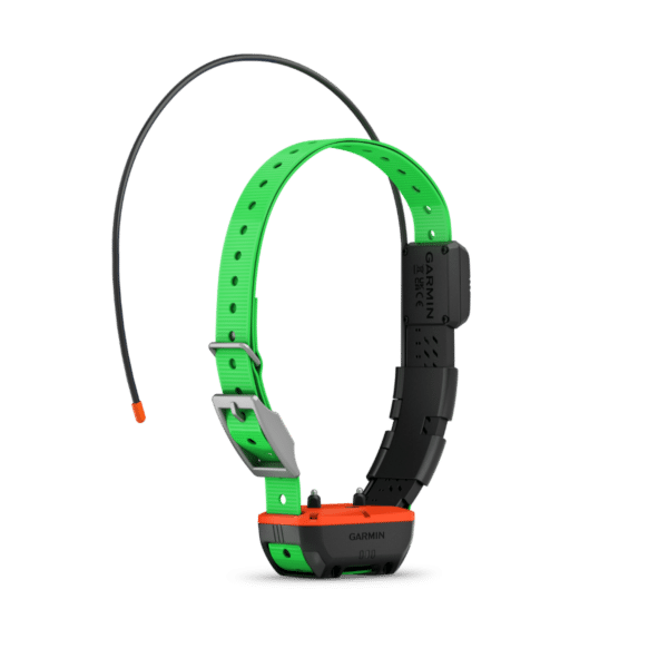 alt="Collier GPS Garmin Alpha TT 25F avec sangle verte et boîtier orange"